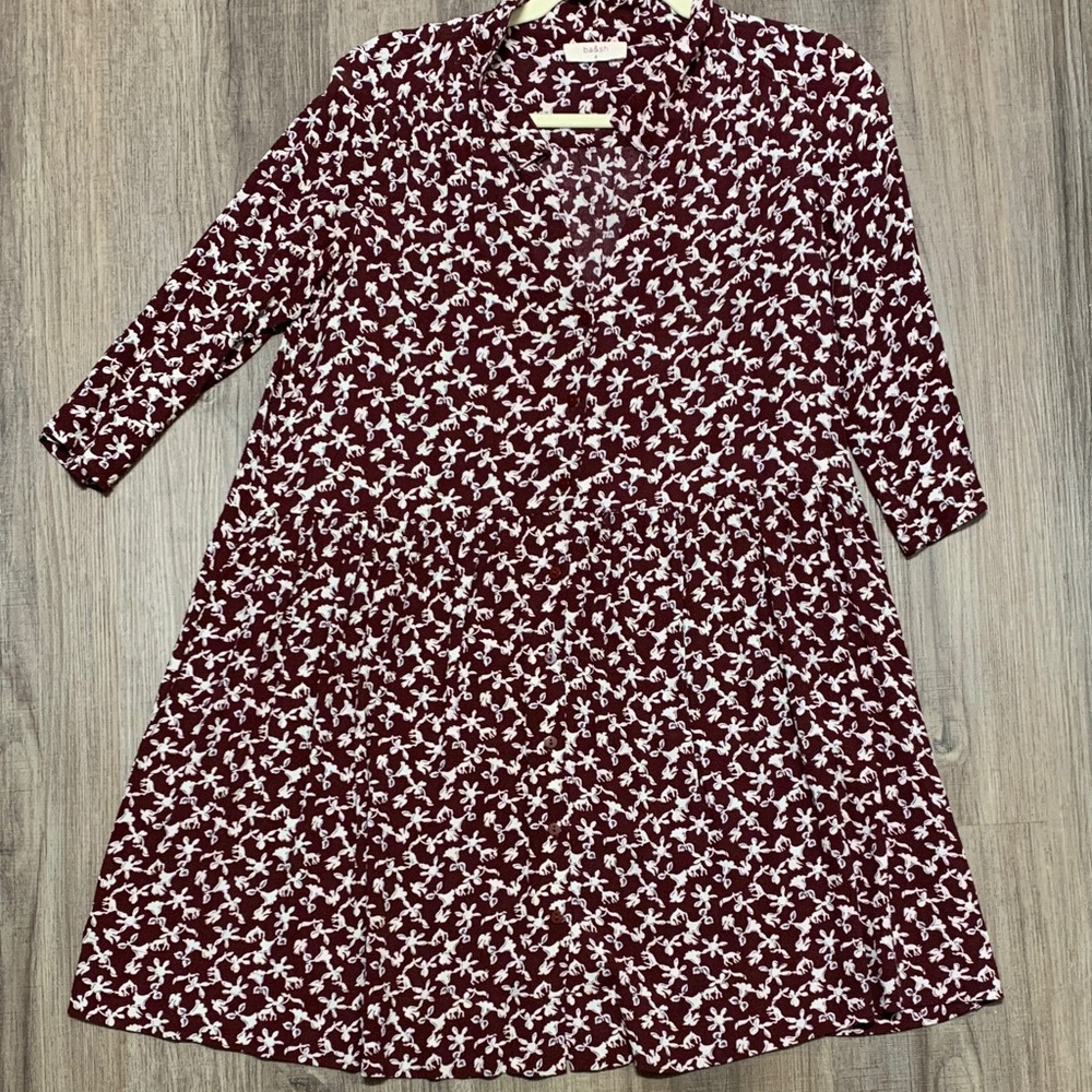 ba&sh Burgundy and White Long Sleeve Dress